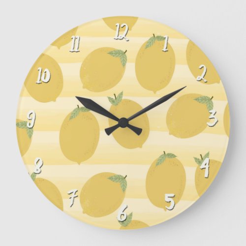 Yellow Lemons Summer Fruit Watercolor Fun Bright Large Clock