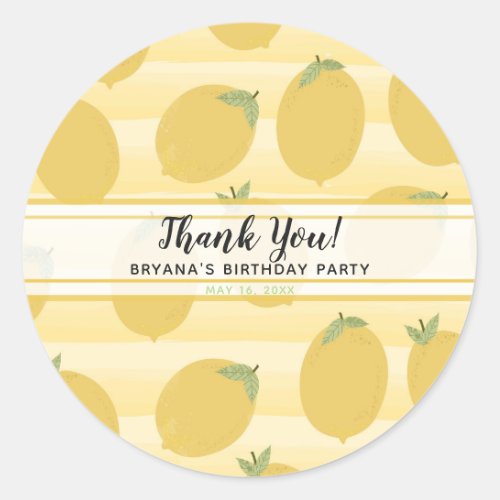 Yellow Lemons Summer Fruit Watercolor Stripe Favor Classic Round Sticker