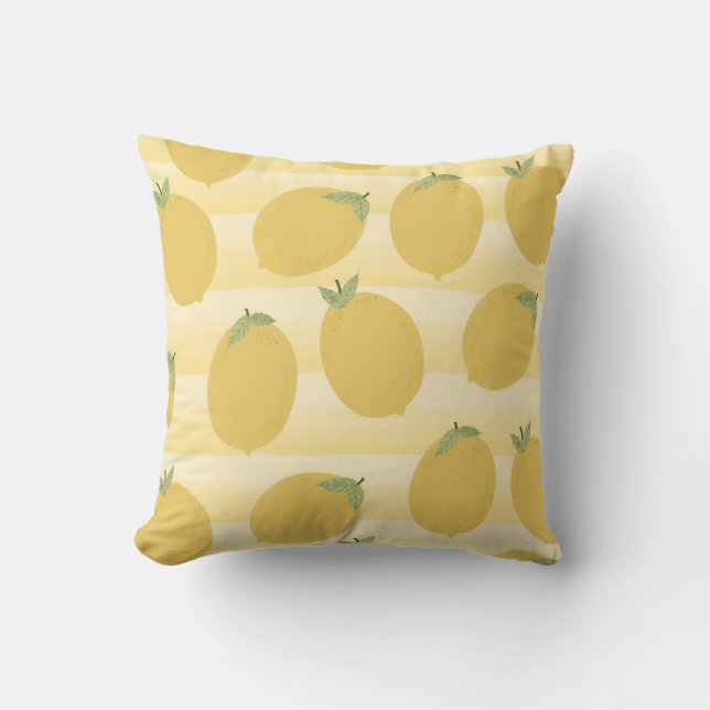 Yellow Lemons Summer Fruit Watercolor Stripe Fun Throw Pillow (Front)