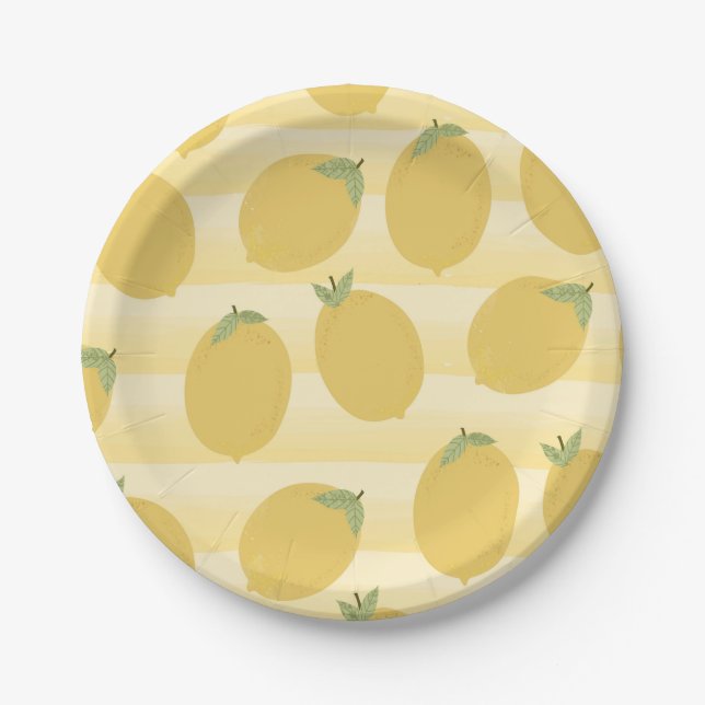 Yellow Lemons Summer Fruit Watercolor Stripe Party Paper Plates (Front)