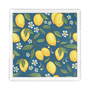 Yellow Lemons: Tropical Fruit Pattern. Acrylic Tray