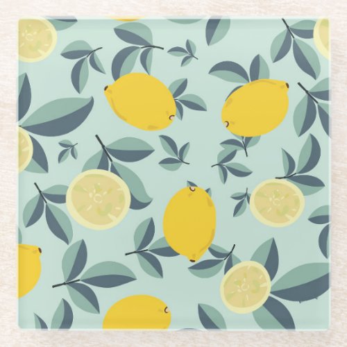 Yellow Lemons Tropical Seamless Pattern Glass Coaster