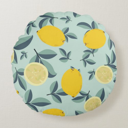 Yellow Lemons Tropical Seamless Pattern Round Pillow