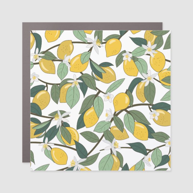 Yellow Lemons, Tropical Seamless Print. Car Magnet (Front)
