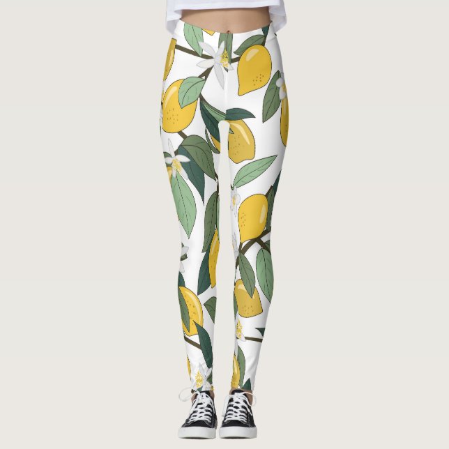 Yellow Lemons, Tropical Seamless Print. Leggings (Front)