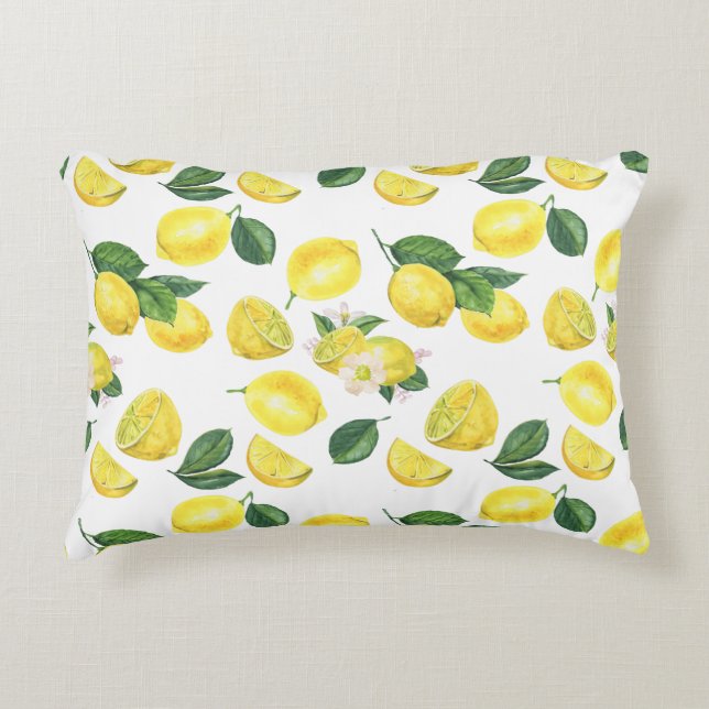 Yellow Lemons Watercolor Fruit Pattern Accent Pillow (Front)