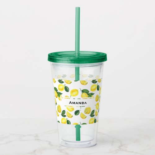 Yellow Lemons Watercolor Fruit Pattern Acrylic Tumbler