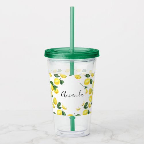 Yellow Lemons Watercolor Fruit Pattern Acrylic Tumbler