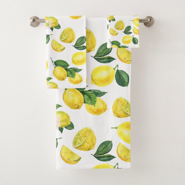 Yellow Lemons Watercolor Fruit Pattern Bath Towel Set (Insitu)