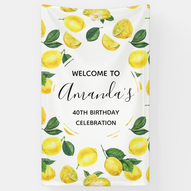 Yellow Lemons Watercolor Fruit Pattern Birthday Banner (Vertical)