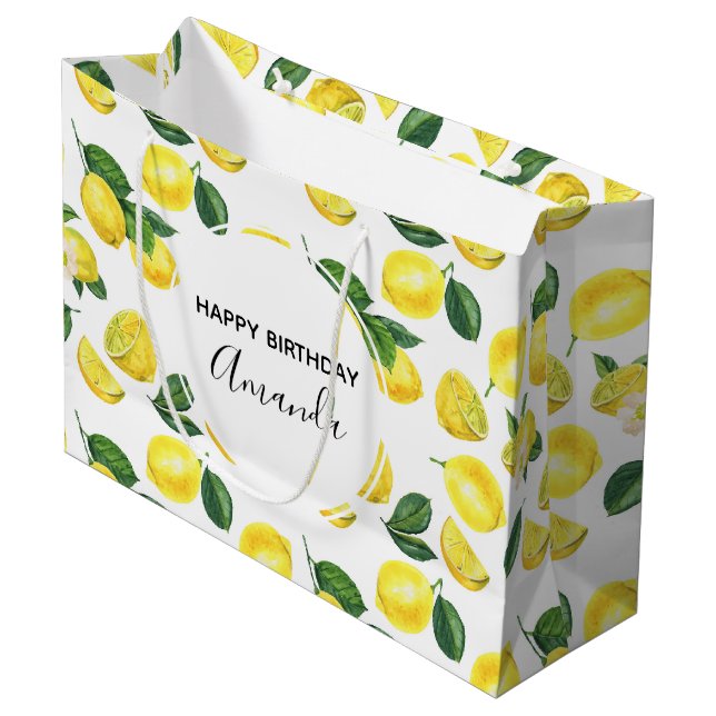 Yellow Lemons Watercolor Fruit Pattern Birthday Large Gift Bag (Front Angled)