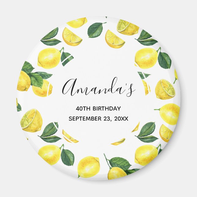 Yellow Lemons Watercolor Fruit Pattern Birthday Magnet (Front)