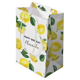 Yellow Lemons Watercolor Fruit Pattern Birthday Medium Gift Bag