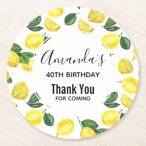 Yellow Lemons Watercolor Fruit Pattern Birthday Round Paper Coaster