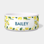 Yellow Lemons Watercolor Fruit Pattern Bowl<br><div class="desc">A pet bowl with a cute pattern of yellow lemons with green leaves and fresh cut lemon slices. A white rectangle layered over top with your text inside.</div>