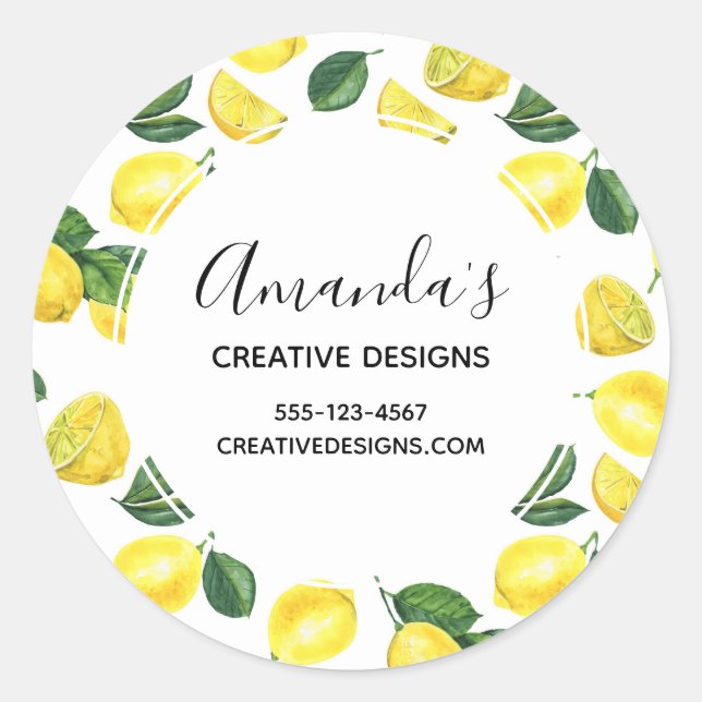 Yellow Lemons Watercolor Fruit Pattern Business Classic Round Sticker (Front)