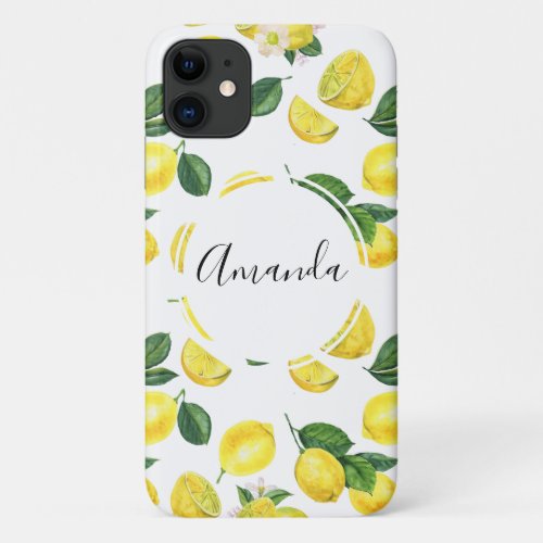 Yellow Lemons Watercolor Fruit Pattern iPhone 11 Case