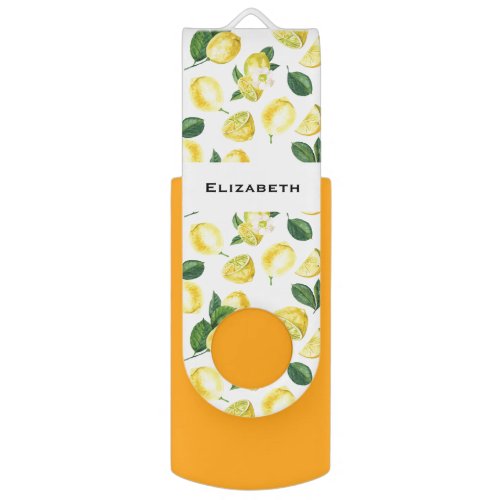 Yellow Lemons Watercolor Fruit Pattern Flash Drive