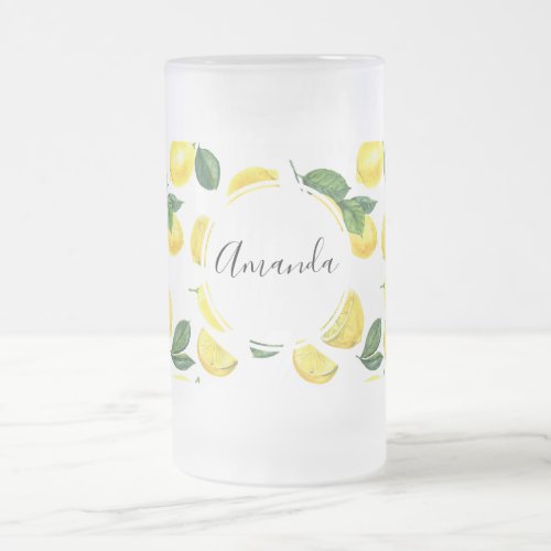 Yellow Lemons Watercolor Fruit Pattern Frosted Glass Beer Mug