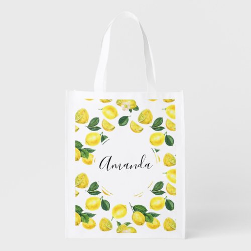 Yellow Lemons Watercolor Fruit Pattern Grocery Bag