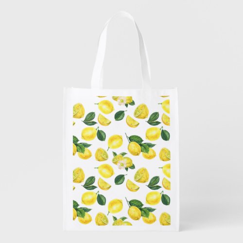 Yellow Lemons Watercolor Fruit Pattern Grocery Bag