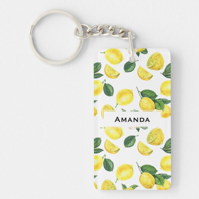 Yellow Lemons Watercolor Fruit Pattern Keychain (Front)
