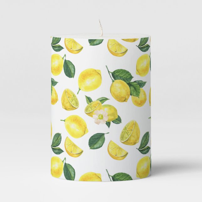 Yellow Lemons Watercolor Fruit Pattern Pillar Candle (Front)