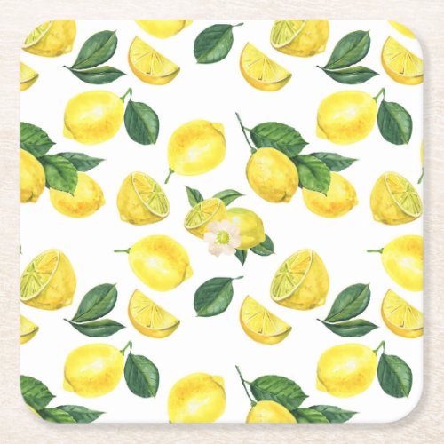 Yellow Lemons Watercolor Fruit Pattern Square Paper Coaster