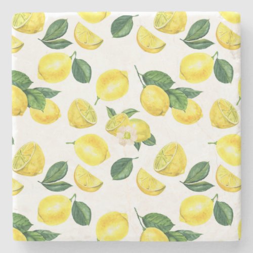 Yellow Lemons Watercolor Fruit Pattern Stone Coaster