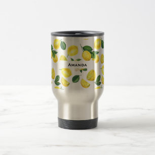 Yellow Lemons Watercolor Fruit Pattern Travel Mug
