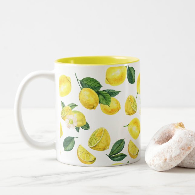Yellow Lemons Watercolor Fruit Pattern Two-Tone Coffee Mug (With Donut)