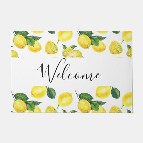 Yellow Lemons Watercolor Fruit Pattern Welcome Doormat