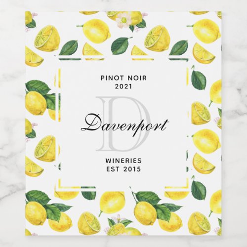 Yellow Lemons Watercolor Fruit Pattern Winery Wine Label