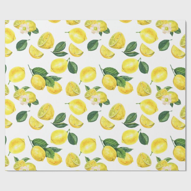 Yellow Lemons Watercolor Fruit Pattern Wrapping Paper (Flat)