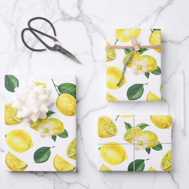 Yellow Lemons Watercolor Fruit Pattern Wrapping Paper Sheets (Front)