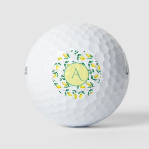 Yellow Lemons Watercolor Monogram Golf Ball