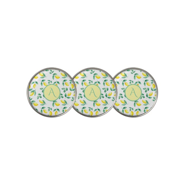 Yellow Lemons Watercolor Monogram Golf Ball Marker (3 Up)