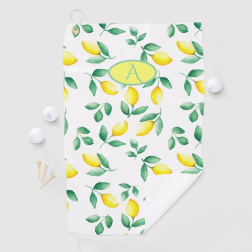 Yellow Lemons Watercolor Monogram  Golf Towel