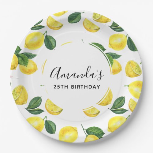 Yellow Lemons Watercolor Pattern Birthday Paper Plates