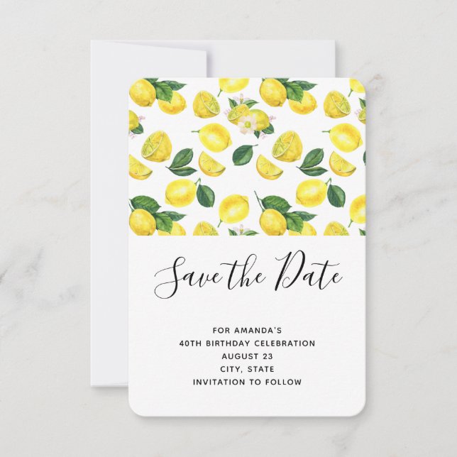 Yellow Lemons Watercolor Pattern Birthday Save The Date (Front)