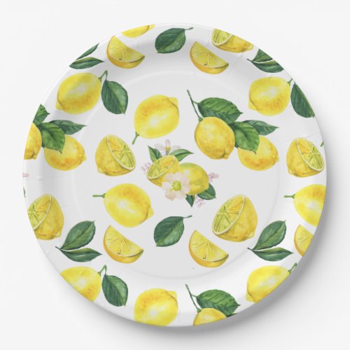 Yellow Lemons Watercolor Pattern Paper Plates