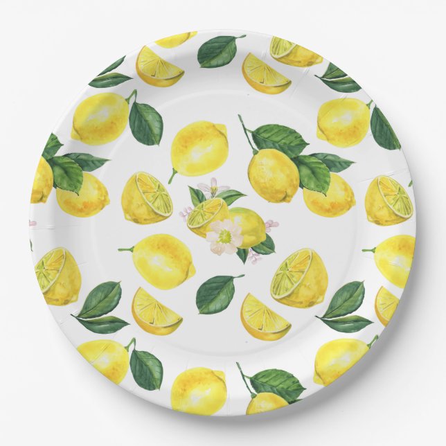 Yellow Lemons Watercolor Pattern Paper Plates (Front)