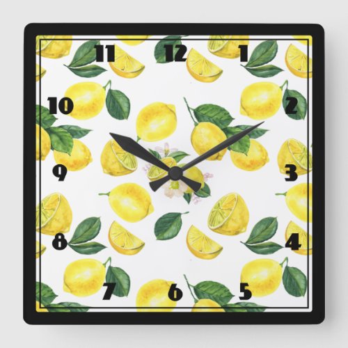 Yellow Lemons Watercolor Pattern Square Wall Clock