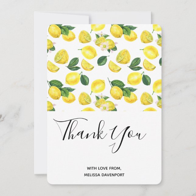 Yellow Lemons Watercolor Pattern Thank You Card (Front)