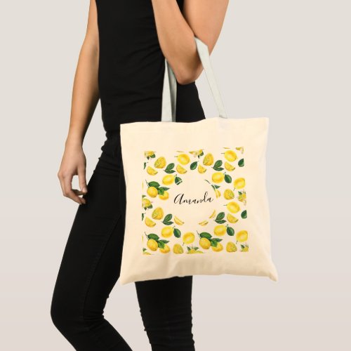 Yellow Lemons Watercolor Pattern Tote Bag