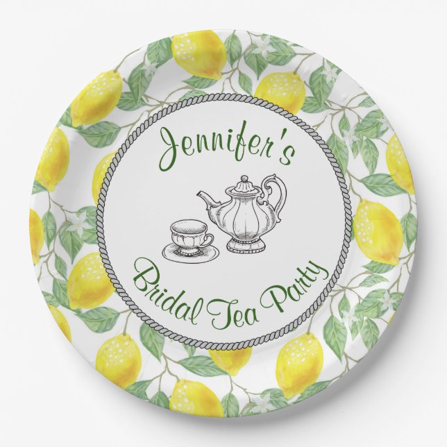 Yellow Lemons with Green Leaves Bridal Tea Party Paper Plates (Front)