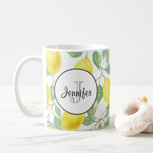 Yellow Lemons with Green Leaves Pattern Monogram Coffee Mug