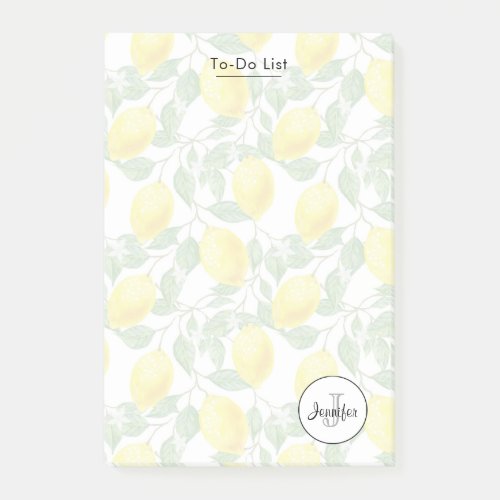 Yellow Lemons with Green Leaves Pattern Monogram Post_it Notes