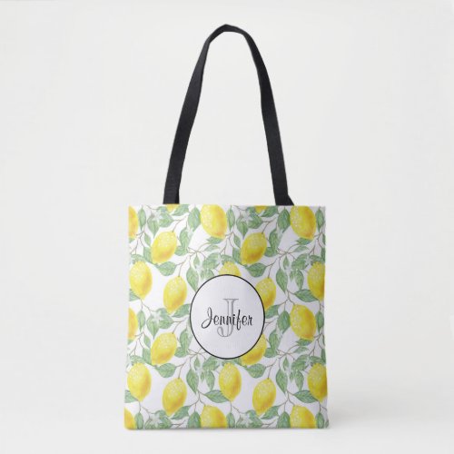 Yellow Lemons with Green Leaves Pattern Monogram Tote Bag