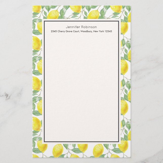 Yellow Lemons with Green Leaves Pattern Stationery (Front)